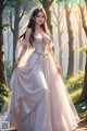 A woman in a wedding dress standing in the woods.