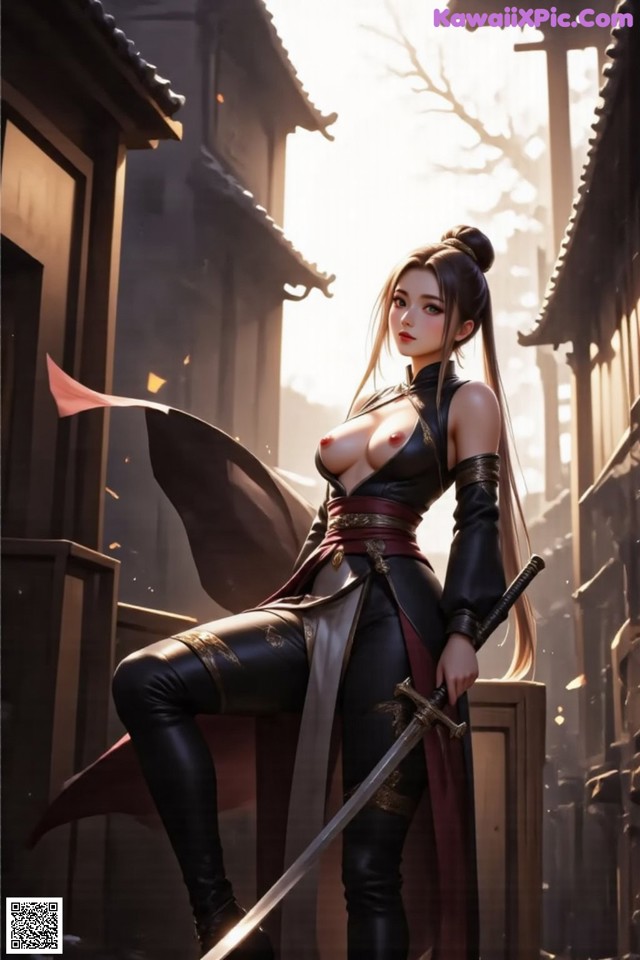 A woman in a black outfit with a sword stands confidently in an alleyway.