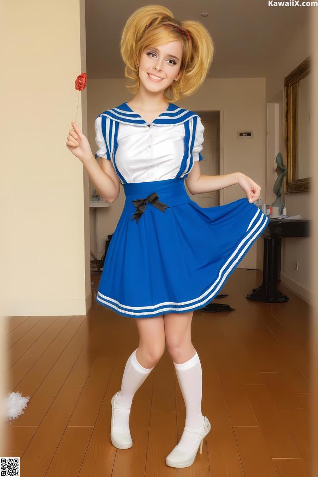 A woman in a blue and white dress holding a red rose.