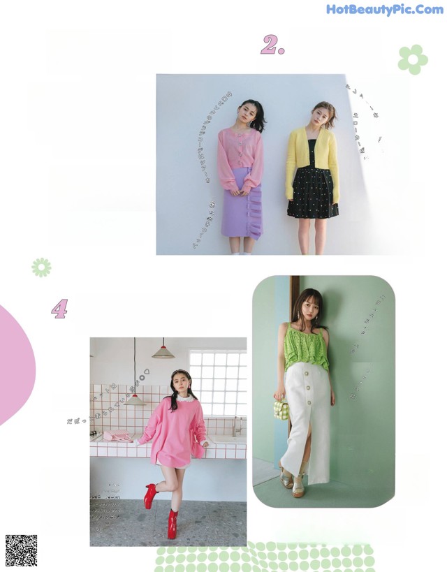 A magazine spread with a picture of a woman in a pink sweater and skirt.