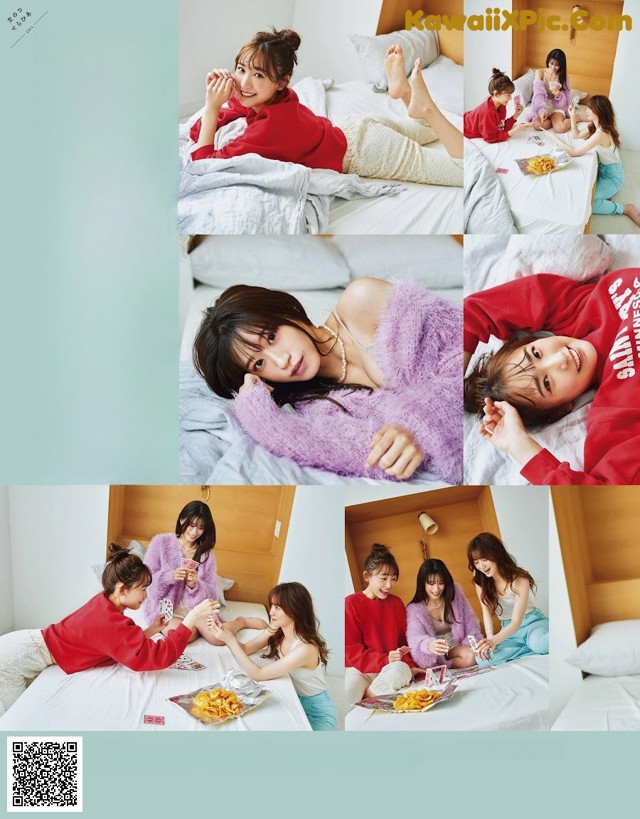 A group of young women laying on top of a bed.