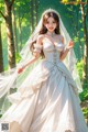 A woman in a wedding dress standing in the woods.